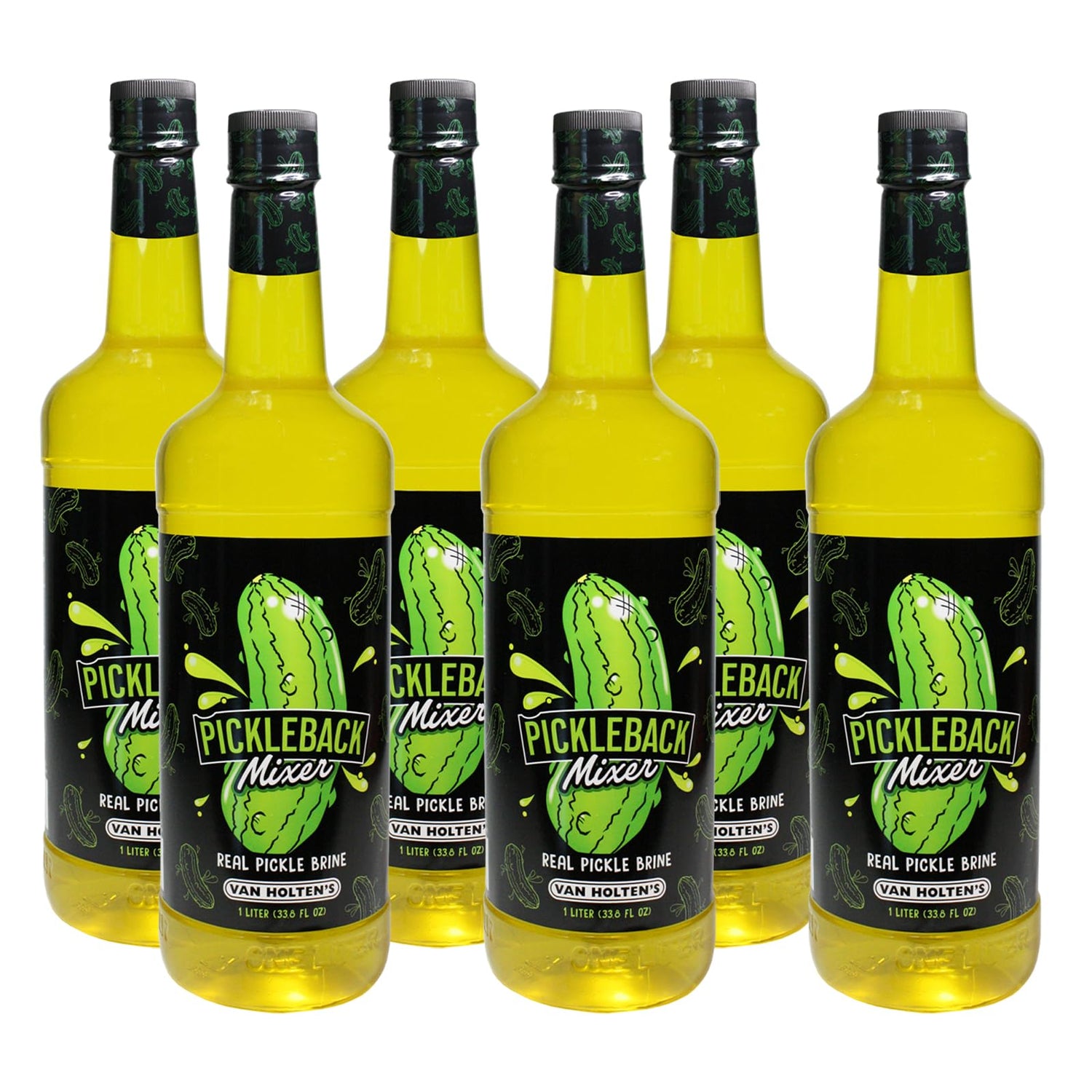 Van Holten's Pickleback Mixer bottle pour highlighting real dill brine for cocktails