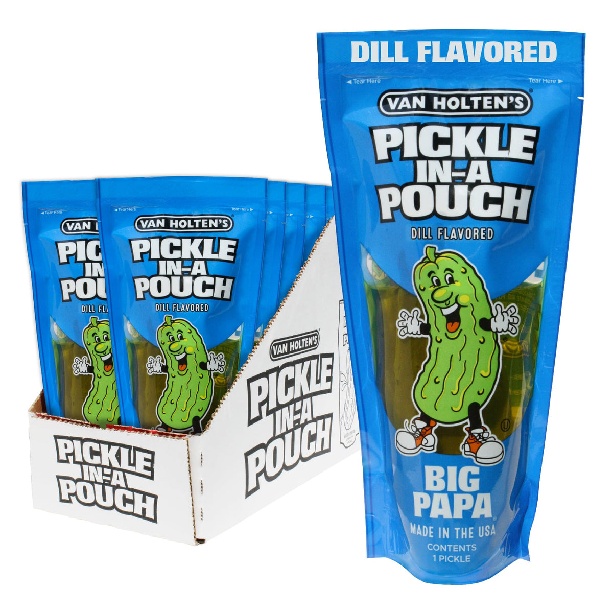 Van Holten's Big Papa Pickle-In-A-Pouch 12-pack front view highlights bold dill flavor