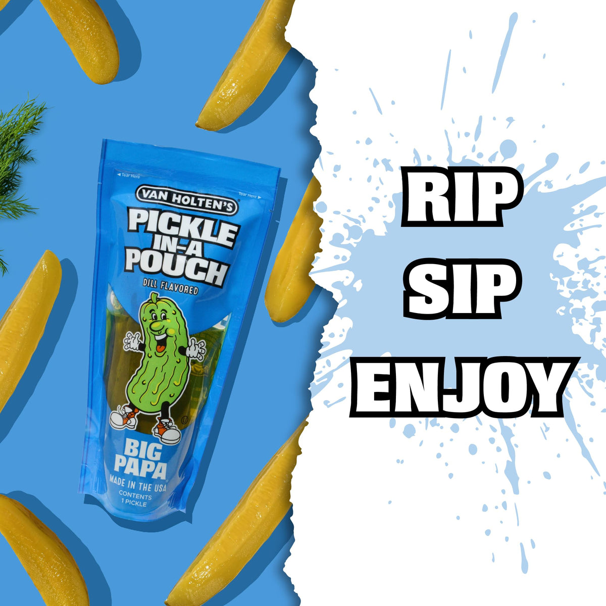 Van Holten's Big Papa Pickle-In-A-Pouch stand-up pack on-shelf promotes on-the-go snacking