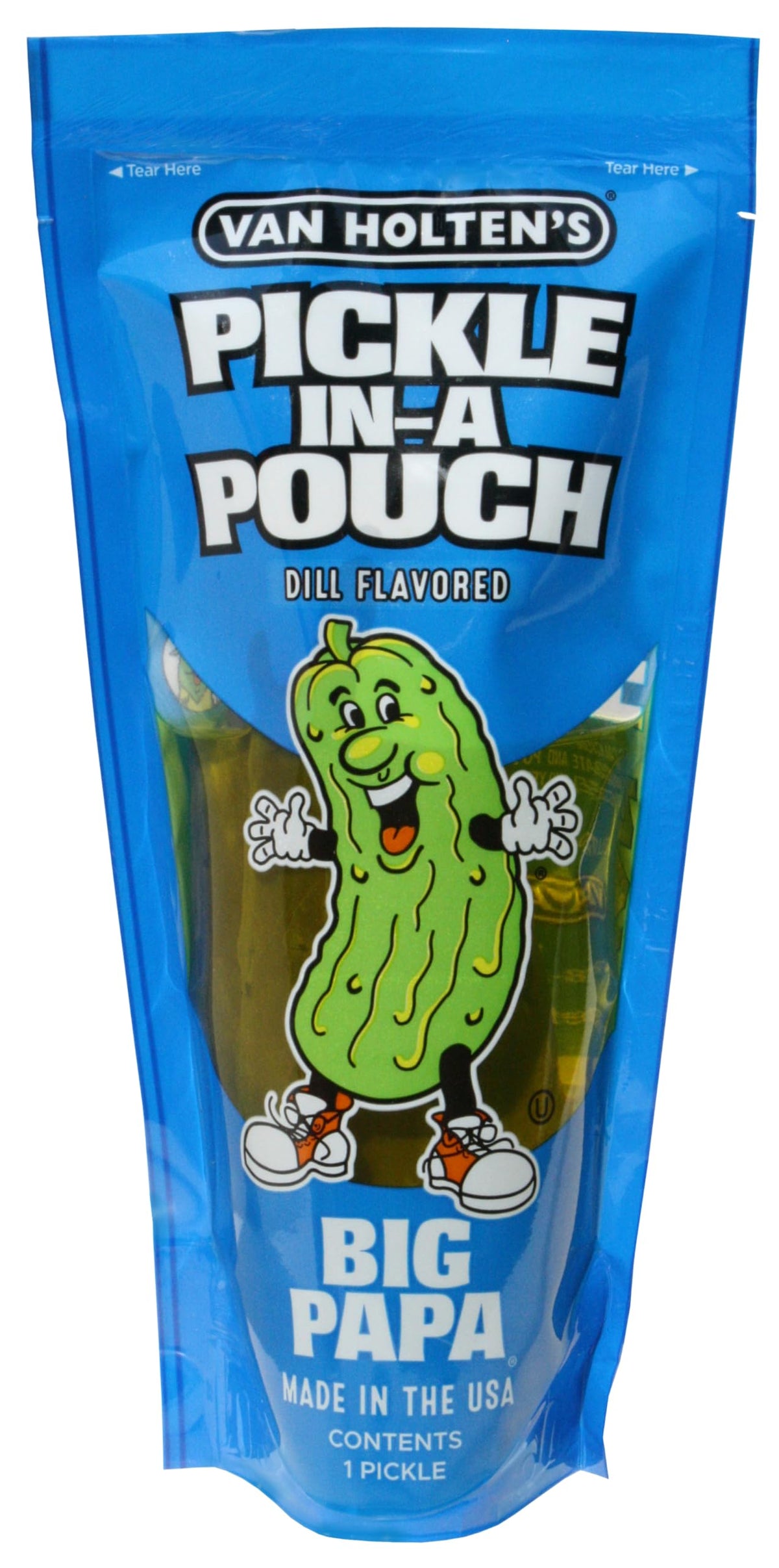 Van Holten's Big Papa Pickle-In-A-Pouch packaging close-up highlighting the pouch