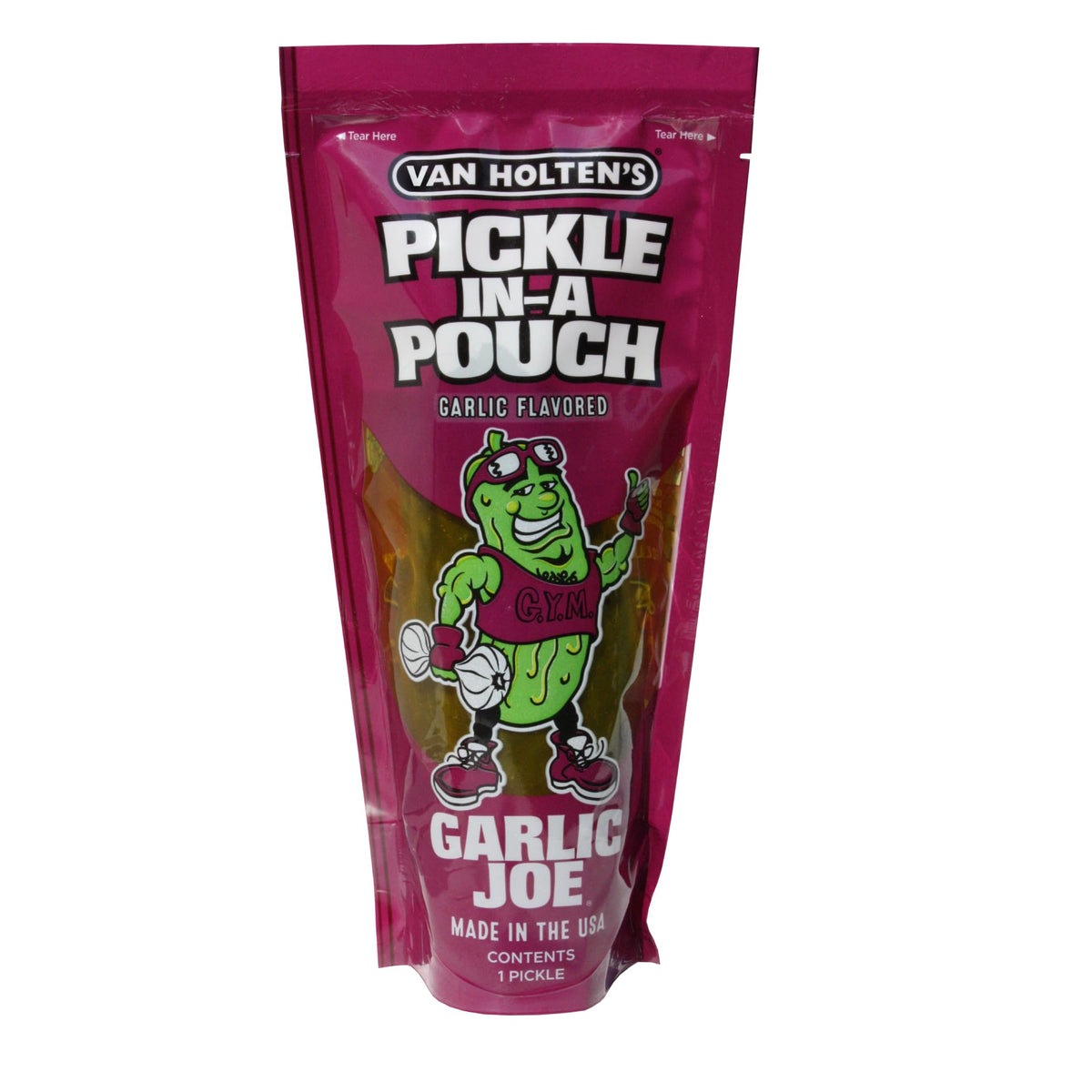 Van Holten's Garlic Joe Pickle-In-A-Pouch close-up emphasizes crisp cucumber texture.