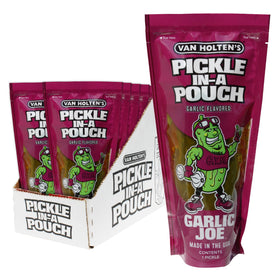 Van Holten's Garlic Joe Pickle-In-A-Pouch hero shot showcasing bold, on-the-go flavor.
