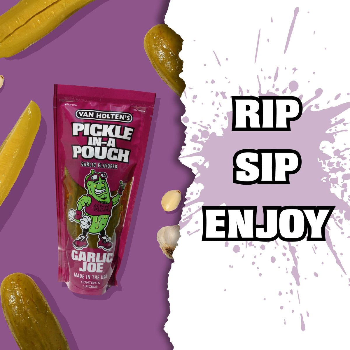 Van Holten's Garlic Joe Pickle-In-A-Pouch packaging displays convenient single-pack snack.