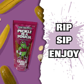 Van Holten's Garlic Joe Pickle-In-A-Pouch packaging displays convenient single-pack snack.