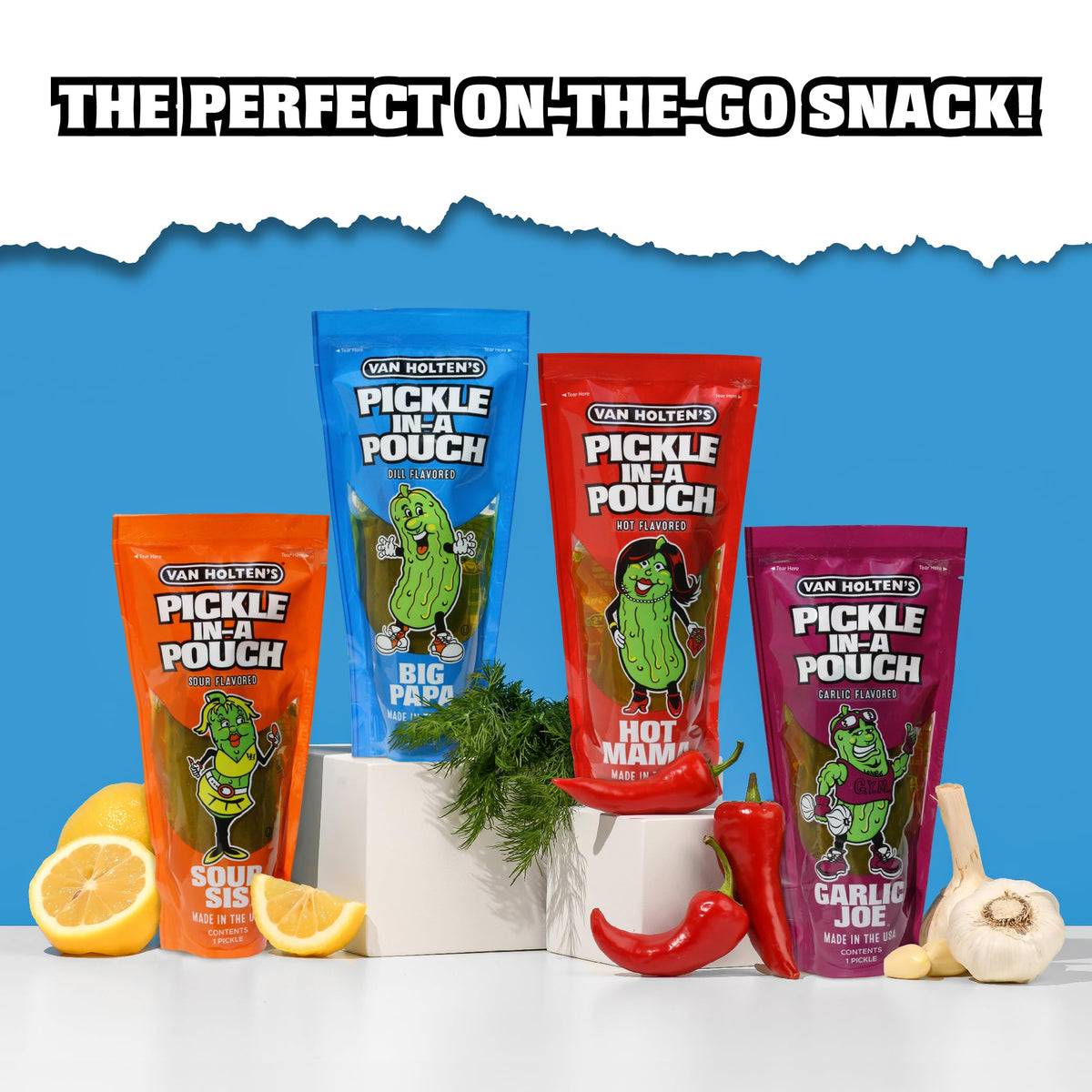 Three-character flavors in Van Holten's pouch display for quick tasting