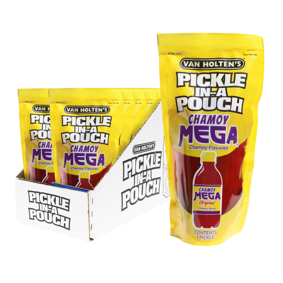 Van Holten's Jumbo Chamoy Pickle-In-A-Pouch 12-pack ready for on-the-go snacking.