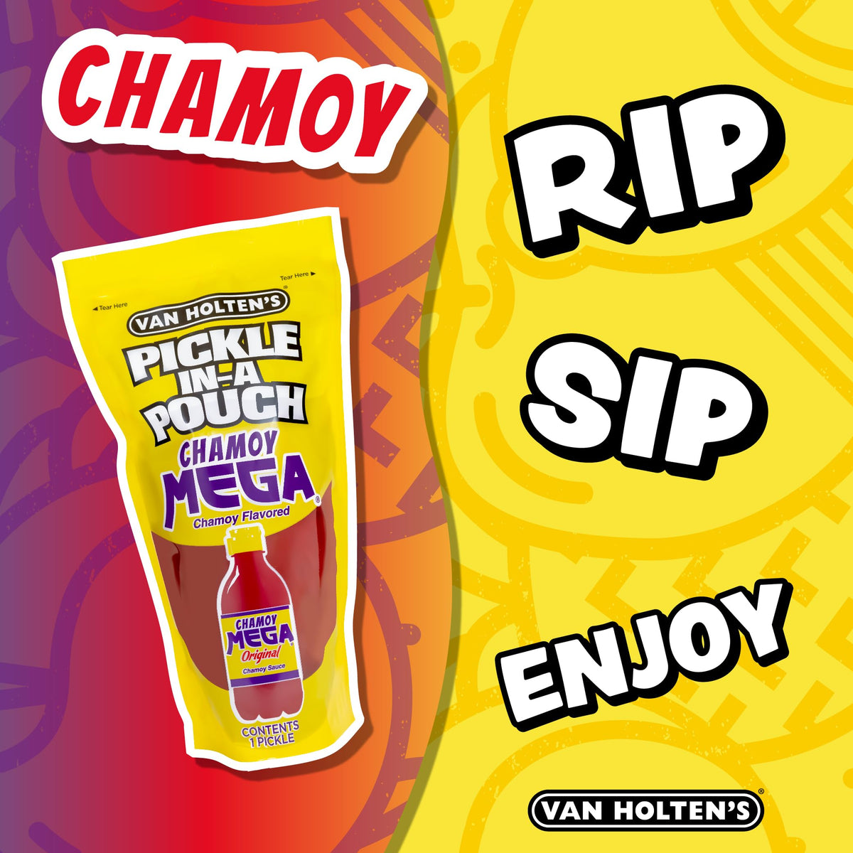 Van Holten's Chamoy pickle pouch close-up shows bold tangy flavor for quick bites.