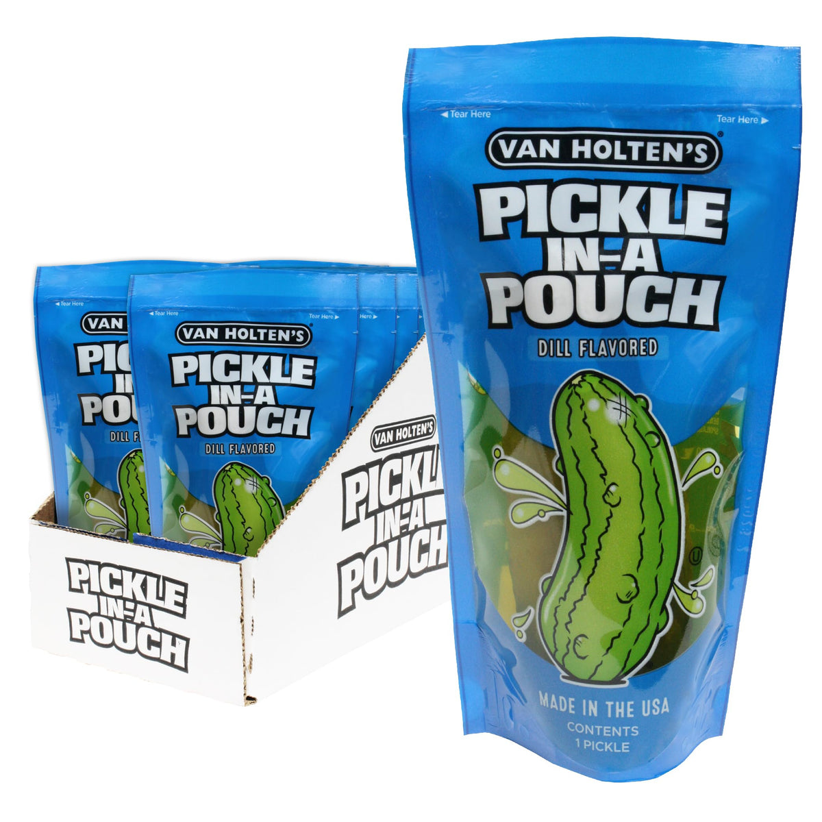 Van Holten's Jumbo Dill pickles in a pouch, front view, ideal for on-the-go snacking