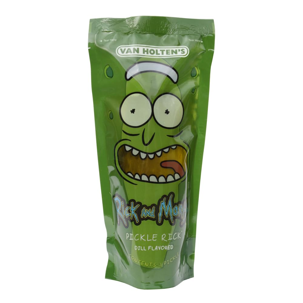 Van Holten's Pickles label closeup with Rick and Morty branding