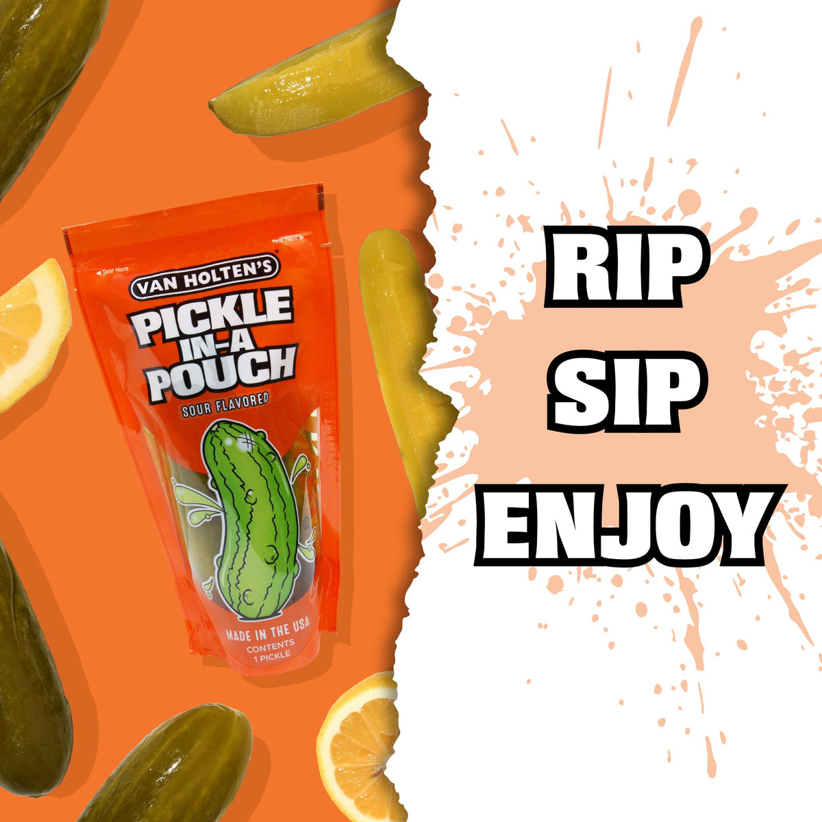 Van Holten's Pickles open pouch close-up showing tangy texture for flavorful snacking.