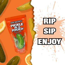 Van Holten's Pickles open pouch close-up showing tangy texture for flavorful snacking.