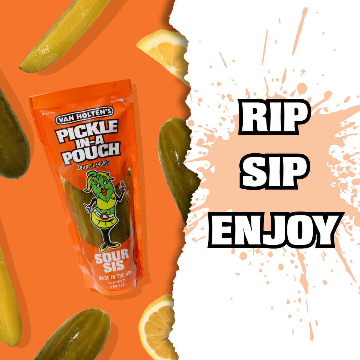 Van Holten's Sour Sis Pickle-In-A-Pouch close-up, crisp texture ready to crunch.