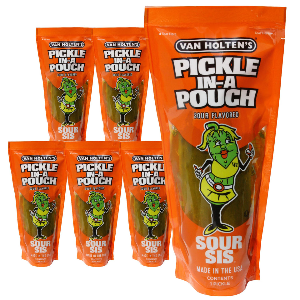 Van Holten's Sour Sis Pickle-In-A-Pouch front view, ideal on-the-go snack.