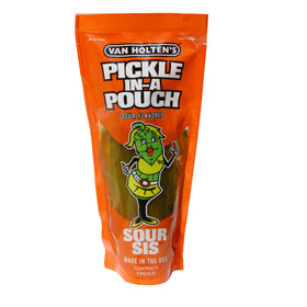 Van Holten's Sour Sis Pickle-In-A-Pouch side view, bold flavor ready.