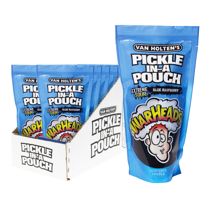 Van Holten's Pickles blue warheads in a pouch, ideal for on-the-go snacking.