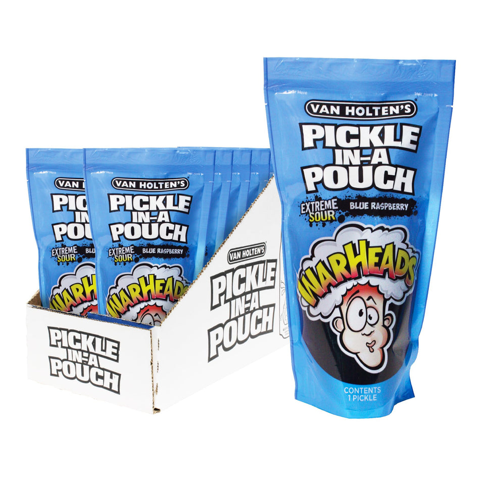 Van Holten's Pickles blue warheads in a pouch, ideal for on-the-go snacking.