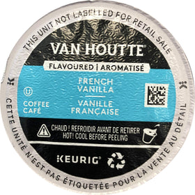 Van Houtte French Vanilla light coffee K-Cup pack pictured, offering a smooth vanilla aroma for Keurig brewing.