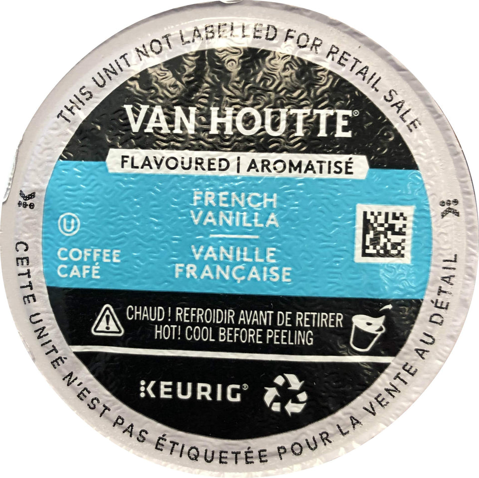 Van Houtte French Vanilla light coffee K-Cup pack pictured, offering a smooth vanilla aroma for Keurig brewing.