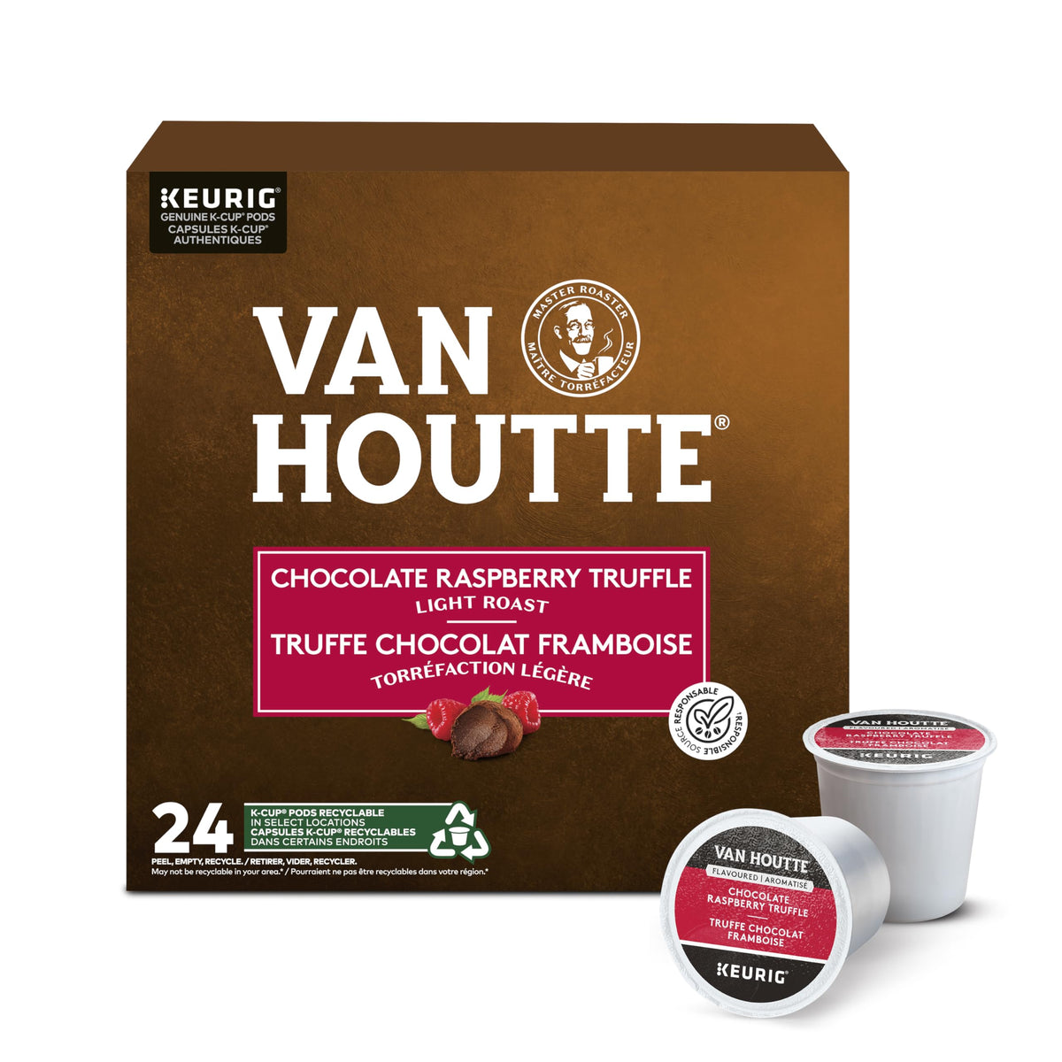 Van Houtte Raspberry Chocolate Truffle coffee packaging with 24-count box, inviting aroma.
