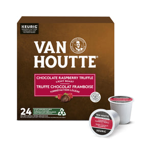 Van Houtte Raspberry Chocolate Truffle coffee packaging with 24-count box, inviting aroma.