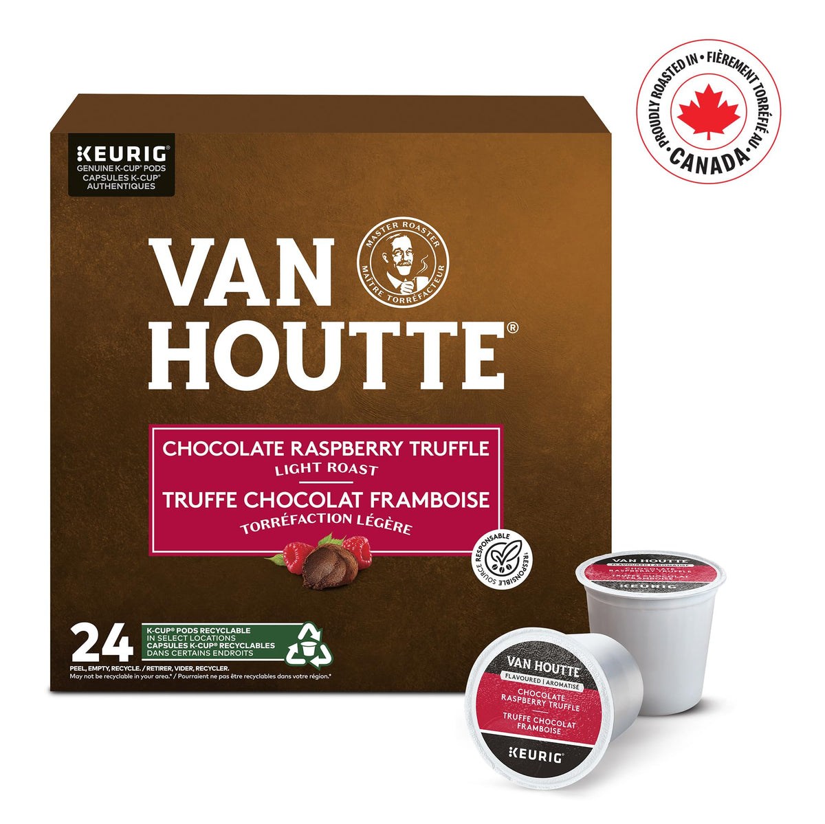 Van Houtte Raspberry Chocolate Truffle K-Cup close-up emphasizing convenience.