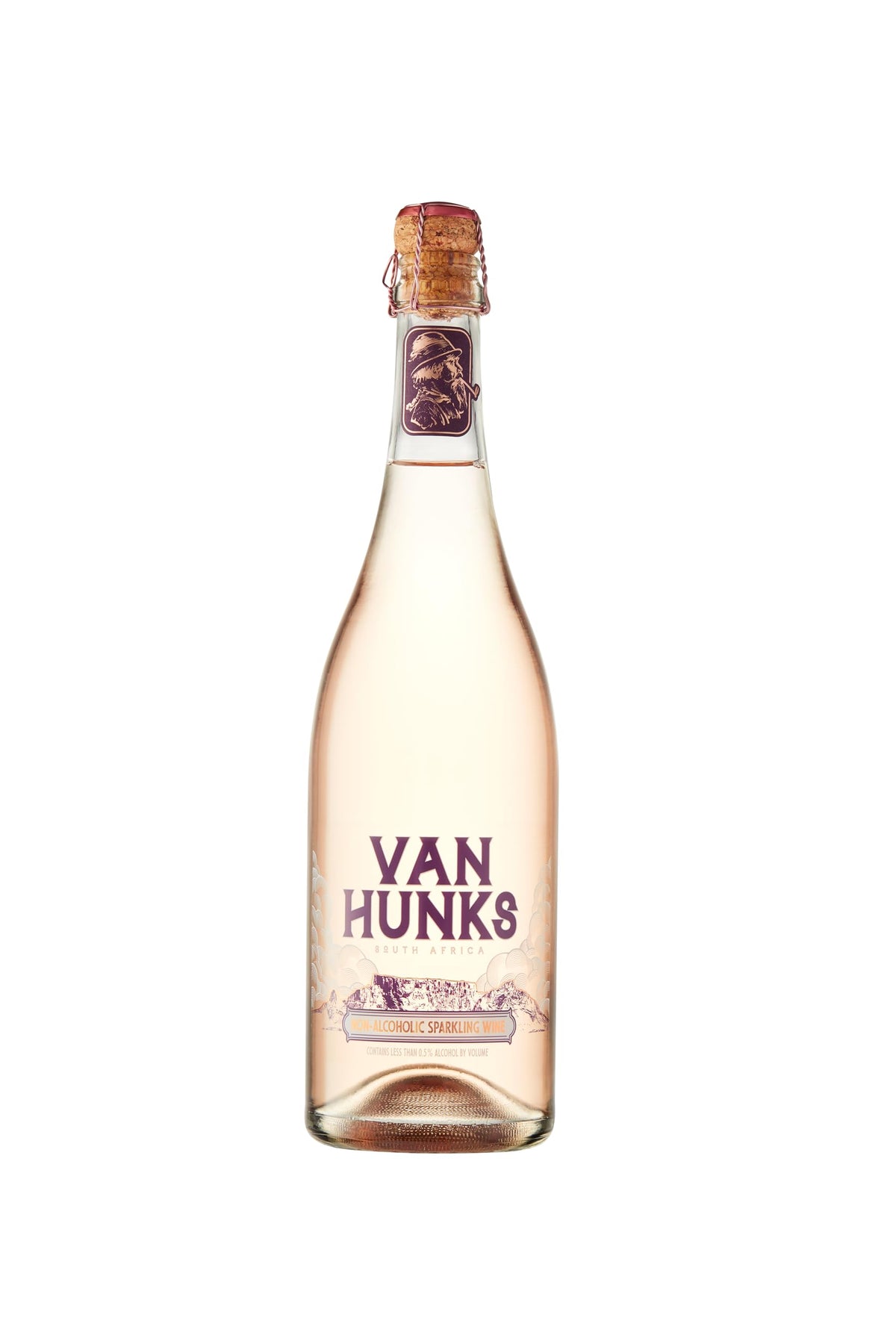 Van Hunks non-alcoholic sparkling rosé bottle for celebrations with no alcohol.