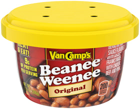 Van Camp's Beanee Weenee cups, front view, convenient ready-to-eat lunch option.