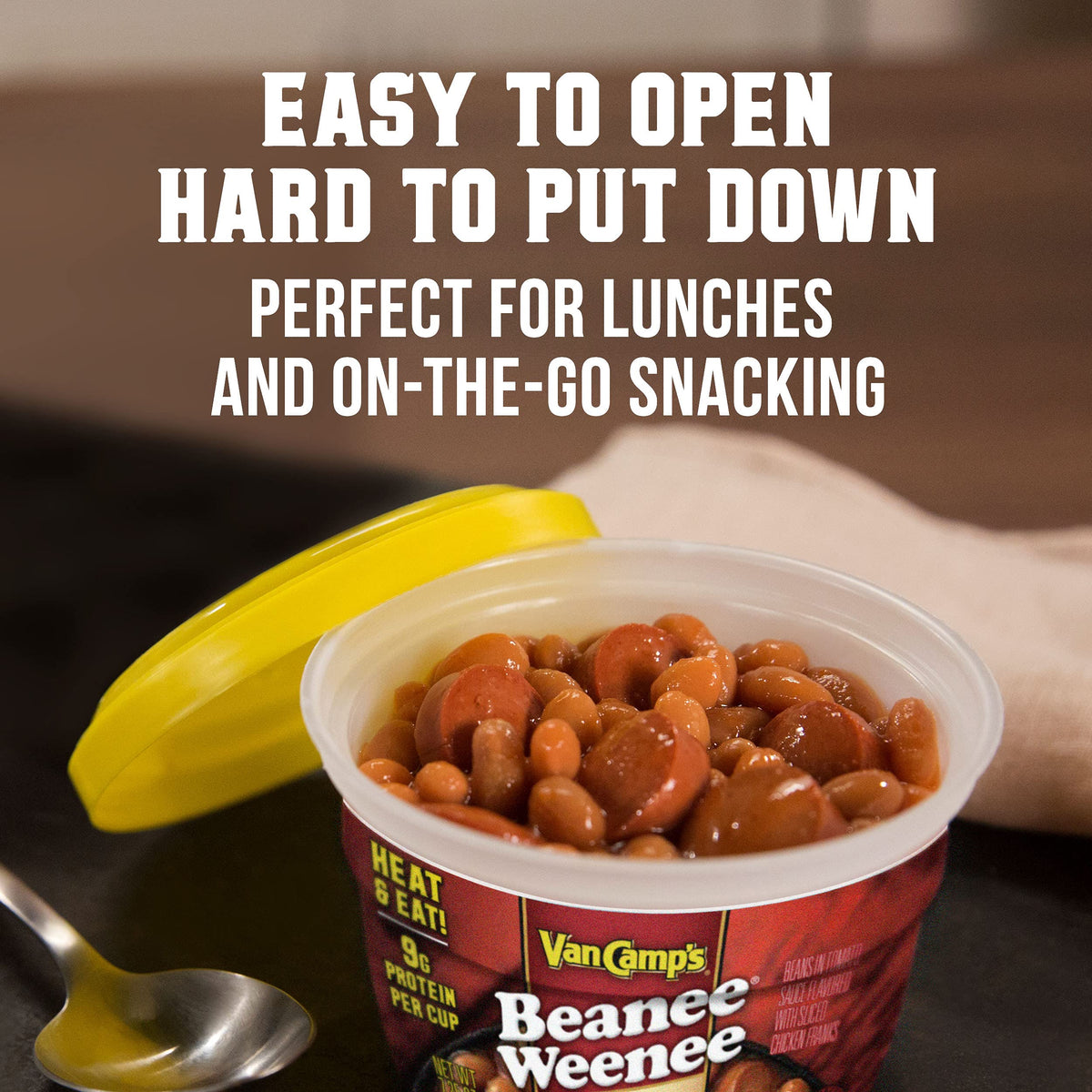 Van Camp's Beanee Weenee cups, microwave-ready, quick meals on busy days.