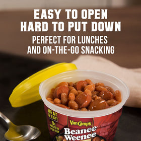 Van Camp's Beanee Weenee cups, microwave-ready, quick meals on busy days.
