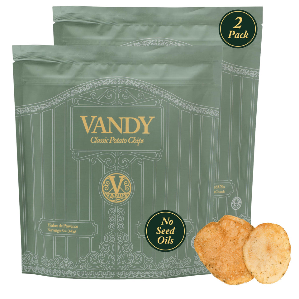 Vandy Crisps Herbes de Provence pack front — seed oil free and gluten free.