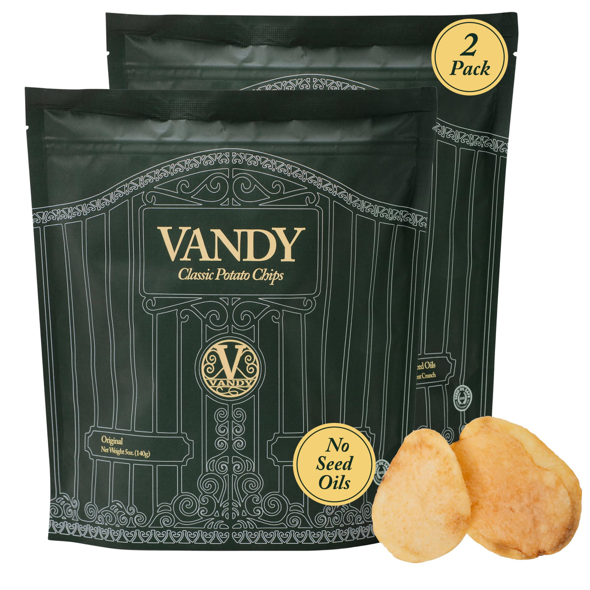 Vandy Crisps Original chip close-up showing crisp texture and simple ingredients