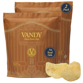 Vandy Crisps seed oil free potato chips in a resealable bag showing rich French Onion flavor.