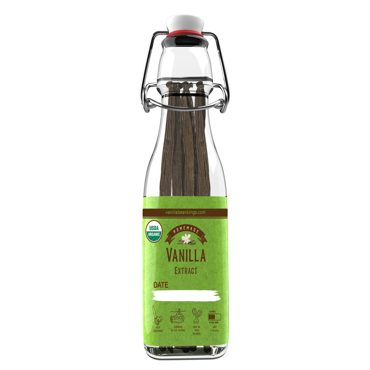 Vanilla Bean Kings bottle pour showing swing-top lid for easy infusion