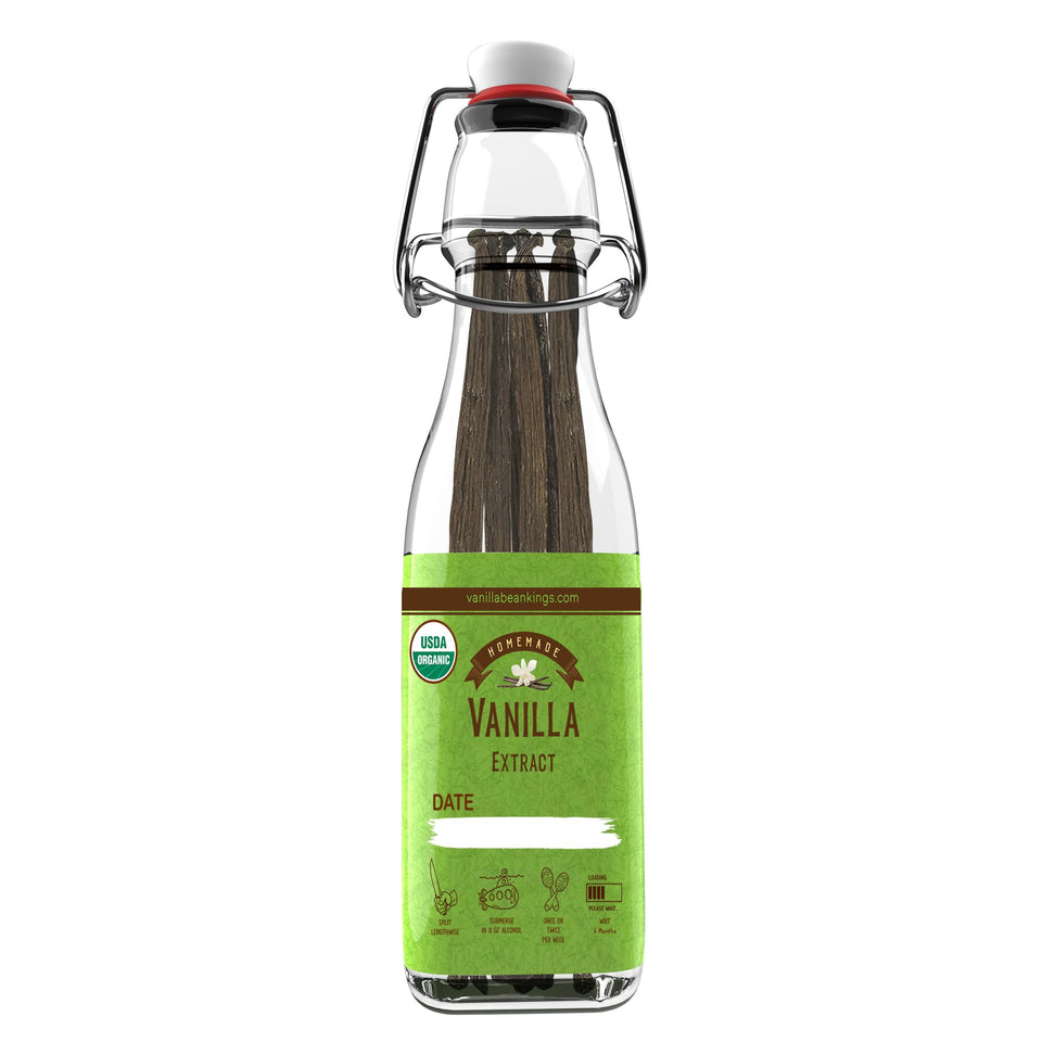 Vanilla Bean Kings bottle pour showing swing-top lid for easy infusion