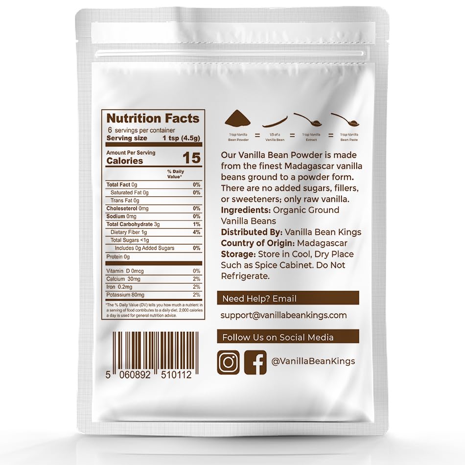 Vanilla Bean Kings ground vanilla powder shown with a scoop for smoothies.