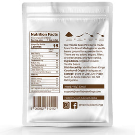 Vanilla Bean Kings ground vanilla powder shown with a scoop for smoothies.