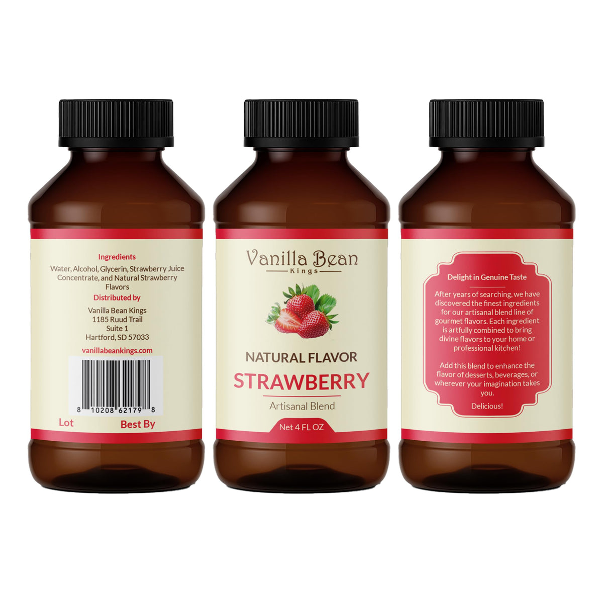 Vanilla Bean Kings Strawberry Extract label close-up showcases premium ingredients.