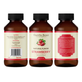 Vanilla Bean Kings Strawberry Extract label close-up showcases premium ingredients.