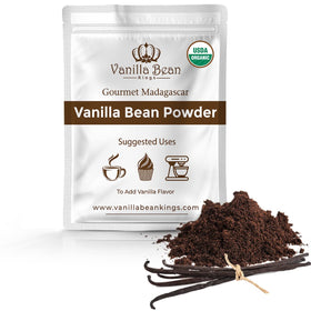Vanilla Bean Kings Organic vanilla bean powder in a jar for rich baking flavor