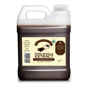 Vanilla Bean Kings Organic Vanilla Extract bottle front label highlights Madagascar vanilla quality for baking.
