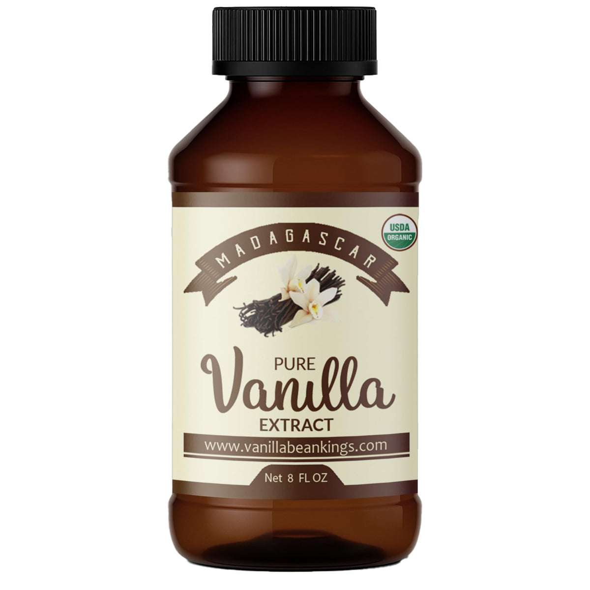 Vanilla Bean Kings organic vanilla extract bottle front highlights premium Madagascar vanilla for rich baking.