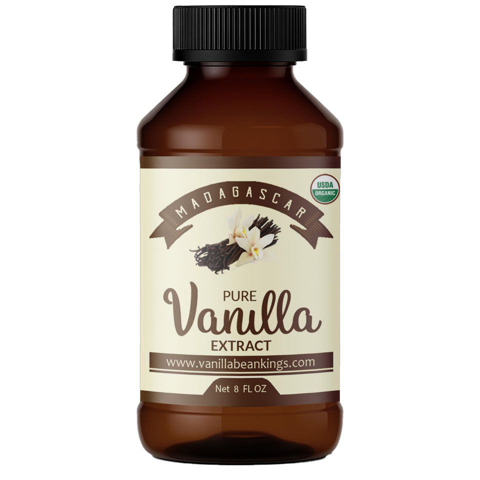 Vanilla Bean Kings organic vanilla extract bottle front highlights premium Madagascar vanilla for rich baking.