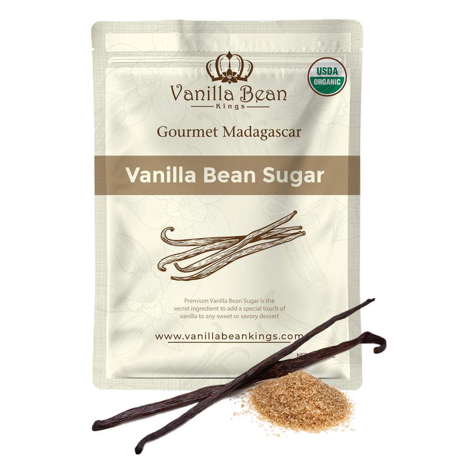 Vanilla Bean Kings organic vanilla sugar in a resealable bag for rich flavor enhancement