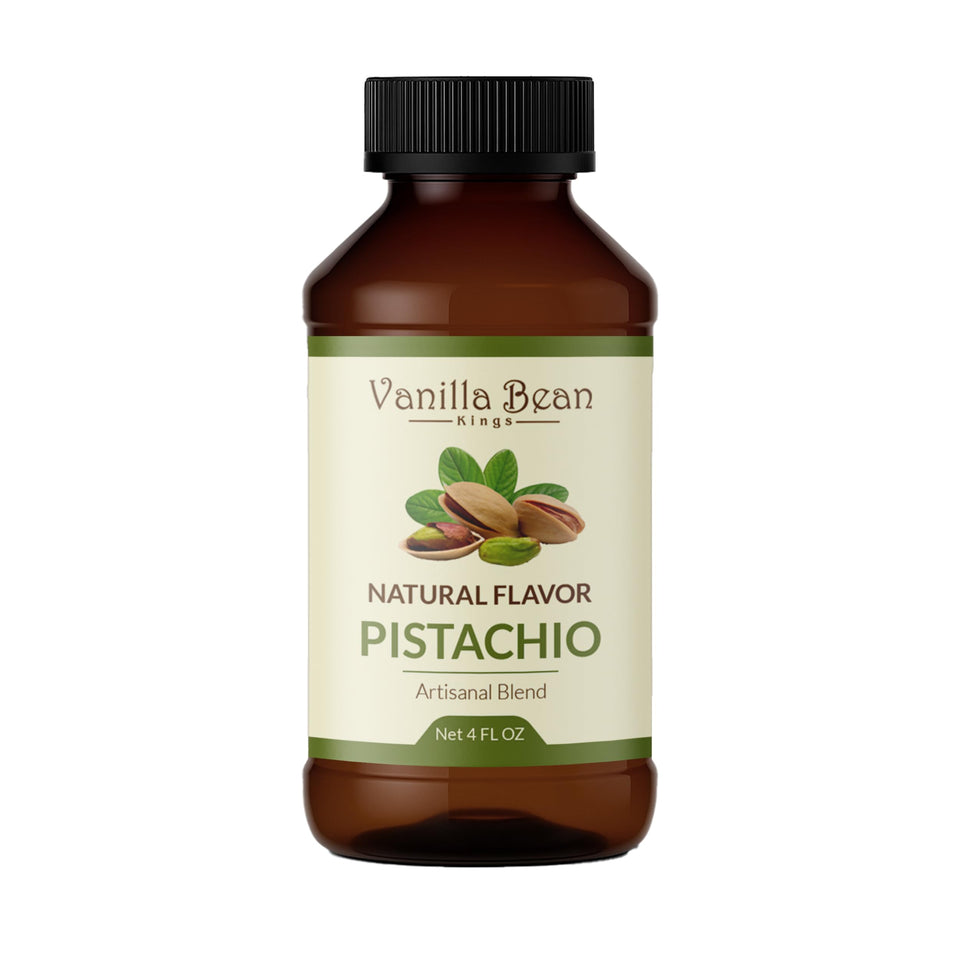 Vanilla Bean Kings pistachio extract bottle front showing premium baking flavor.