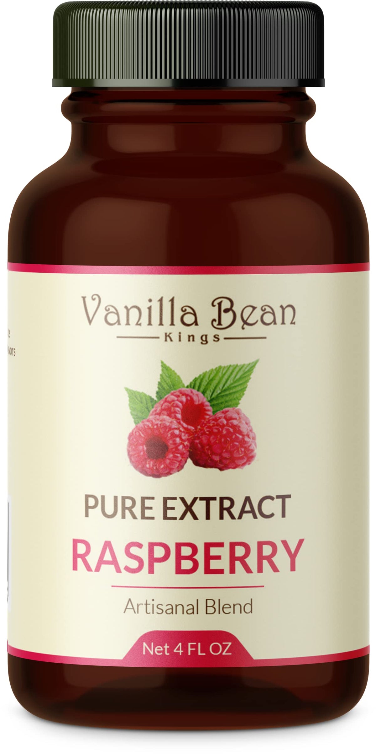 Vanilla Bean Kings Raspberry Extract bottle for rich flavor in baking