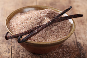 Close-up of Vanilla Bean Kings vanilla sugar’s natural brown hue