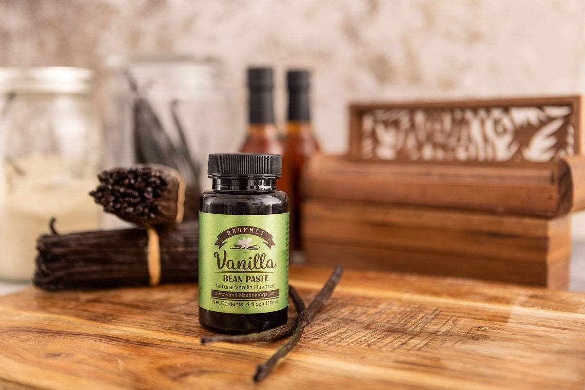 Close-up of vanilla seeds in Vanilla Bean Kings paste for premium flavor.