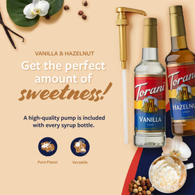 Close-up of vanilla and hazelnut Torani syrups elevating a creamy latte.