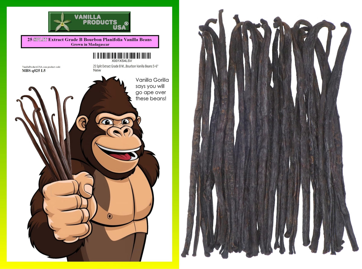 Vanilla Products USA 25 split beans in vacuum packaging, ideal for robust vanilla extract.