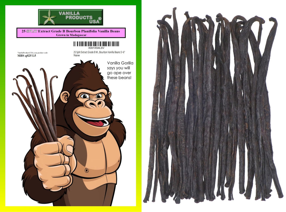 Vanilla Products USA 25 split beans in vacuum packaging, ideal for robust vanilla extract.